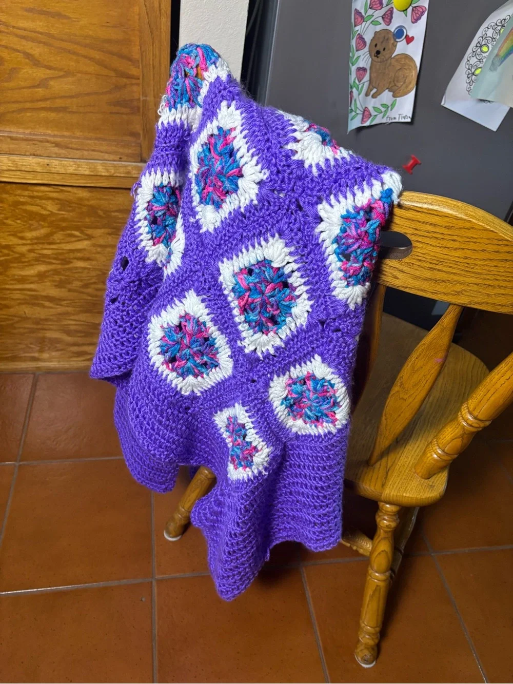 Vintage crocheted purple granny square handmade afghan throw blanket dopamine